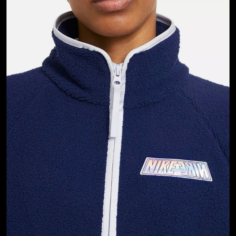 Nike Fleece Jacket Swoosh Sherpa Midnight Navy Oversized Women’s Medium - Picture 2 of 16